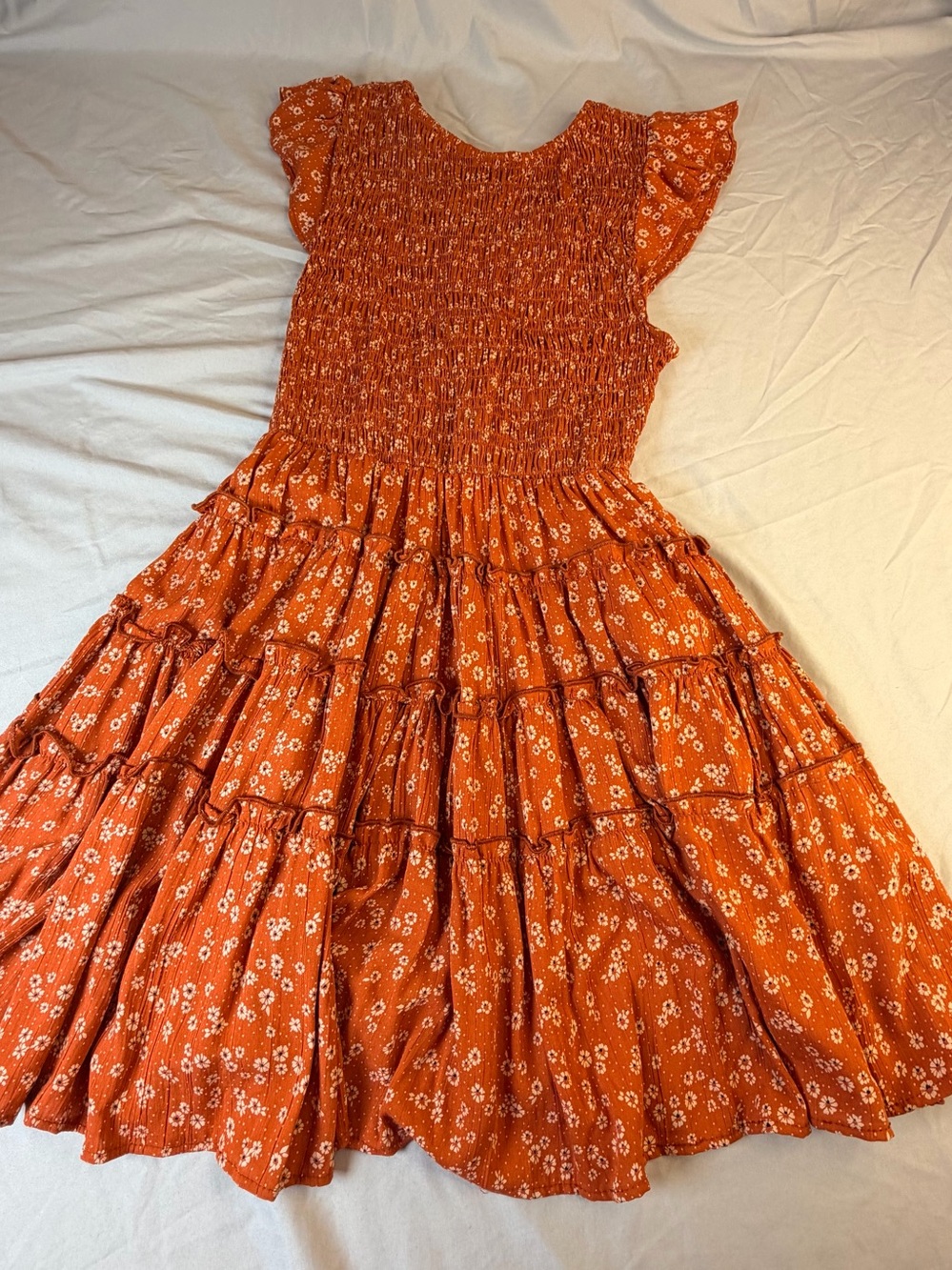NWT Angie Rust Orange Floral Smocked Tiered Dress Size S